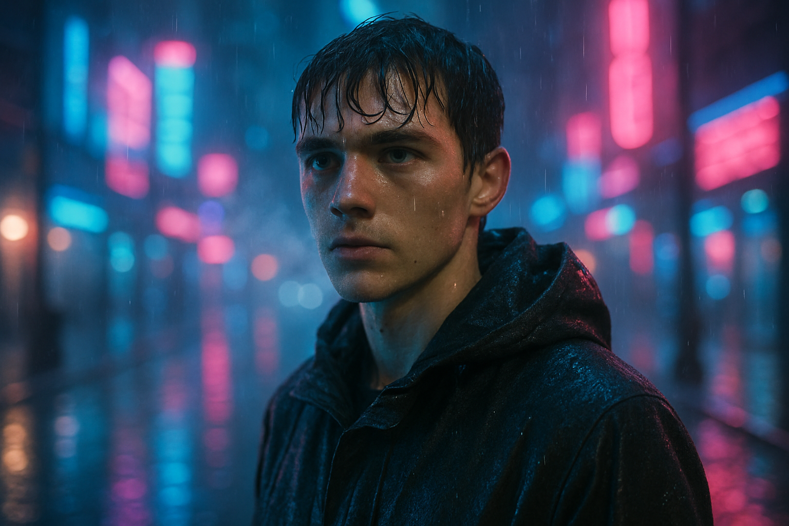 Retrato de um jovem em um ambiente urbano chuvoso, com iluminação neon colorida refletida nas poças de água no chão. O jovem, com cabelo molhado e expressão intensa, usa um casaco escuro, enquanto gotas de chuva caem ao seu redor, criando uma atmosfera melancólica e cinematográfica.